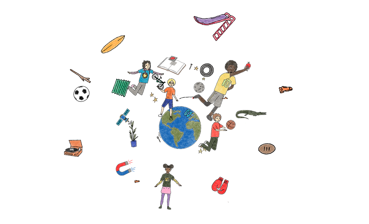 A montage of the main characters floating in space with a variety of objects around them
