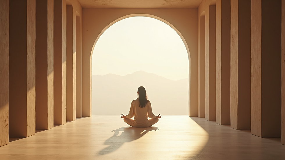 Eye-level view of a serene meditation space with natural light