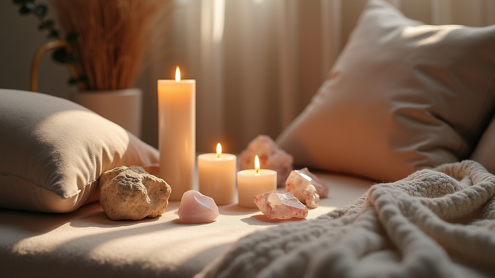 Close-up view of a cozy meditation corner with candles, crystals, and soft cushions