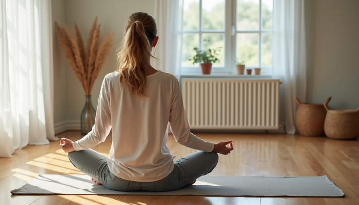 Eye-level view of a woman sitting cross-legged on a mat in a peaceful room with soft natural light, practicing breath work
