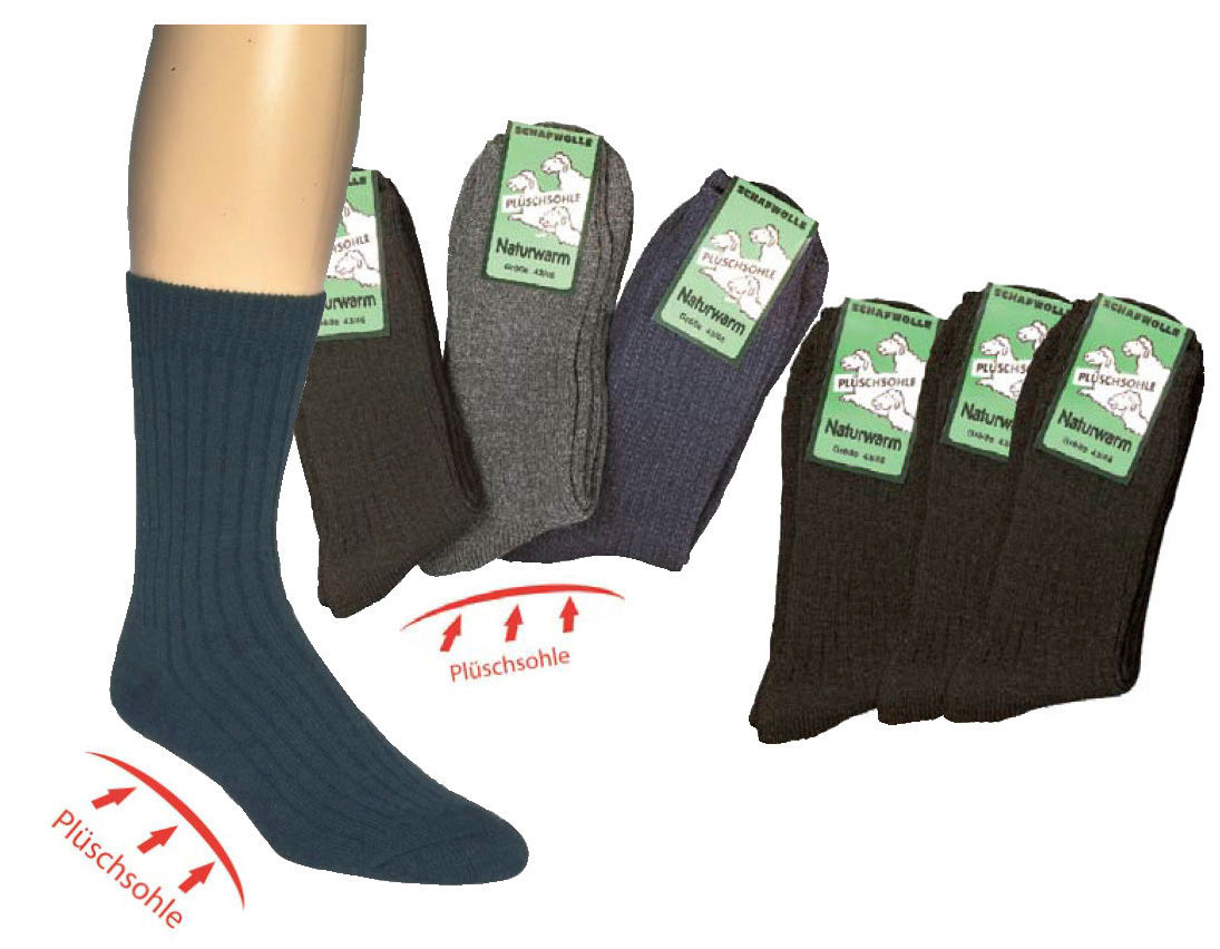 Wollsocken Schafwolle dick schwarz und assortiert, 3 Paar