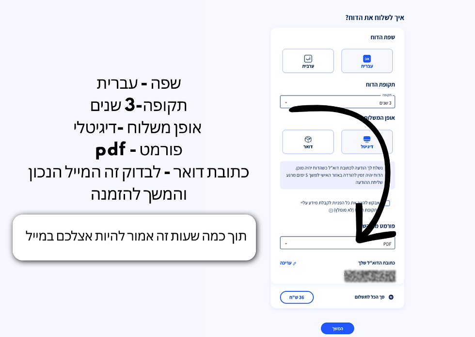 בחירת דוח בעברית בפורמט PDF ושליחתו לדואר האלקטרוני