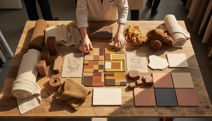 Overhead view of hands arranging fabric swatches, wood samples, and ceramic tiles on a showroom table.