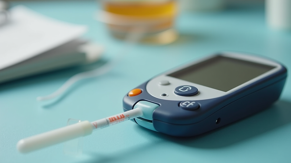 Close-up view of a diabetes management kit with glucose meter and test strips