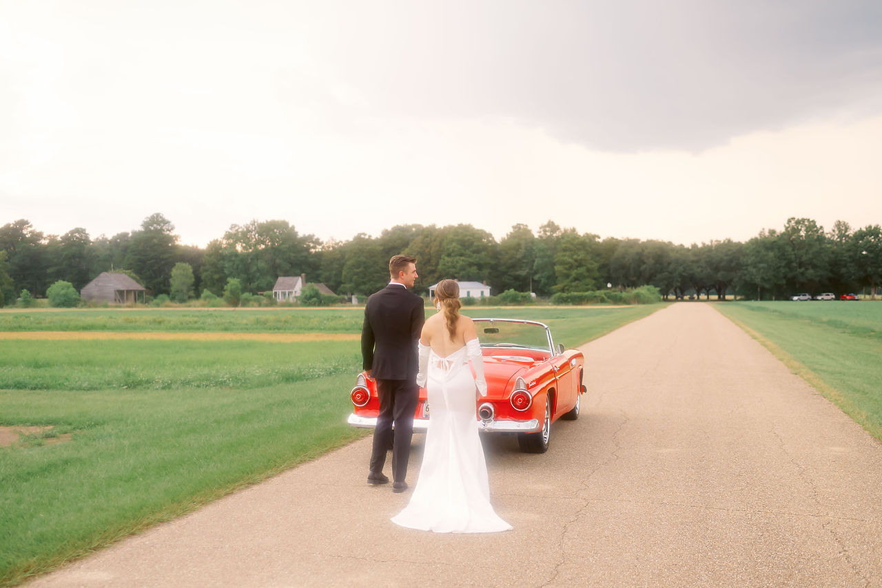 Baton Rouge wedding photos with vintage car on film taken by New Orleans Wedding and Portrait photographer Sierra Beaulieu
