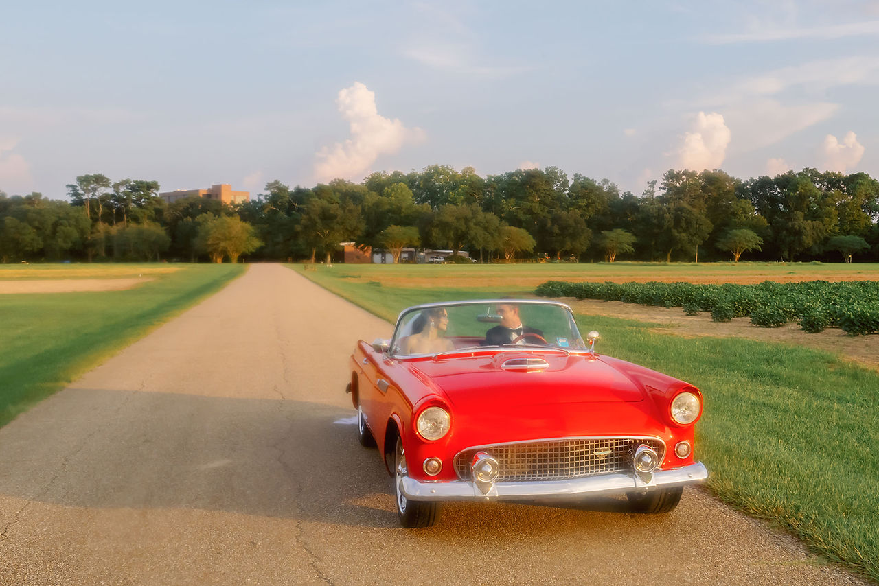 Baton Rouge wedding photos with vintage car on film taken by New Orleans Wedding and Portrait photographer Sierra Beaulieu