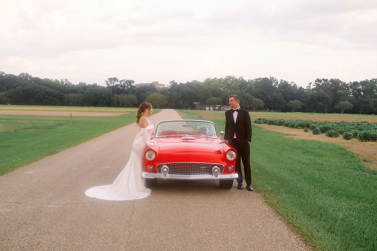 Baton Rouge wedding photos with vintage car on film taken by New Orleans Wedding and Portrait photographer Sierra Beaulieu