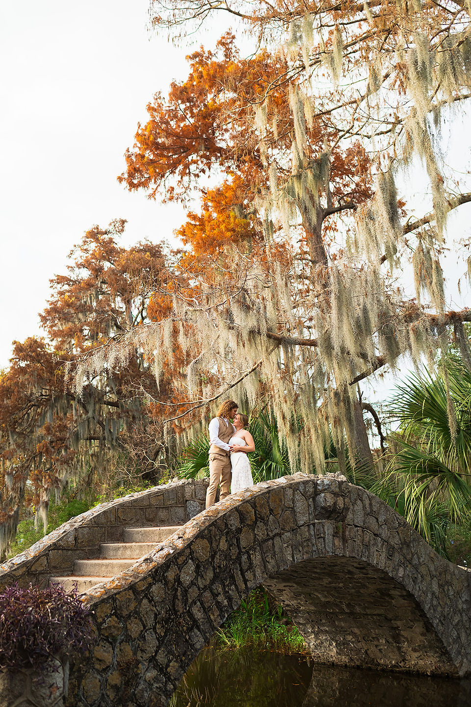 a far away photo of a couple standing on top of langles bridge