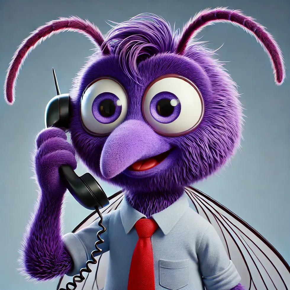 DALL·E 2025-02-16 14.47.03 - A purple anthropomorphic mosquito cartoon character on the ph