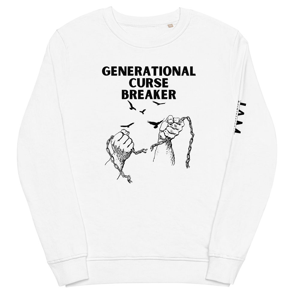 white premuim blend shirt that reads (front: Generational Curse breaker ) and (back: i am putting an end to all curse , belief systems, toxic patterns and behaviors that have been passed down from my ancestors and immediate family based on their limited perception of the world .etc..