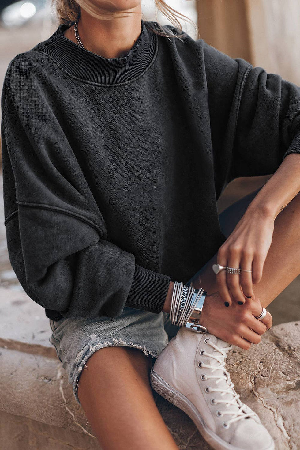 Thumbnail: Solid Color Drop Shoulder Crew Neck Pullover Sweatshirt