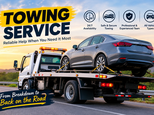 Professional towing service truck transporting a car on a roadside flatbed trailer.