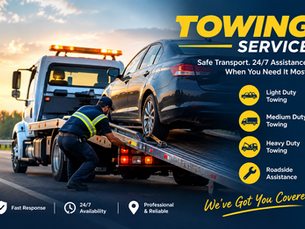 Towing service with a tow truck safely transporting a vehicle on the roadside
