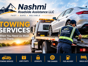 Nashmi Roadside Assistance LLC towing service with a flatbed tow truck transporting a vehicle safely.