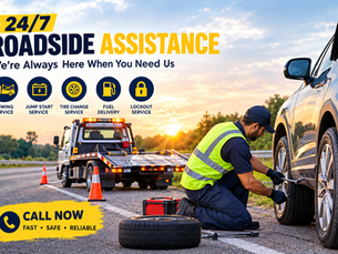 24/7 roadside assistance with a technician changing a vehicle tire beside a tow truck on the highway.