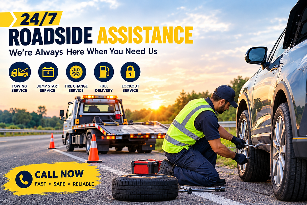 24/7 roadside assistance with a technician changing a vehicle tire beside a tow truck on the highway.