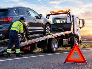 Professional towing service with a flatbed tow truck safely loading a disabled SUV for roadside vehicle recovery.