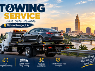 Professional towing service truck transporting a car in Baton Rouge, LA.