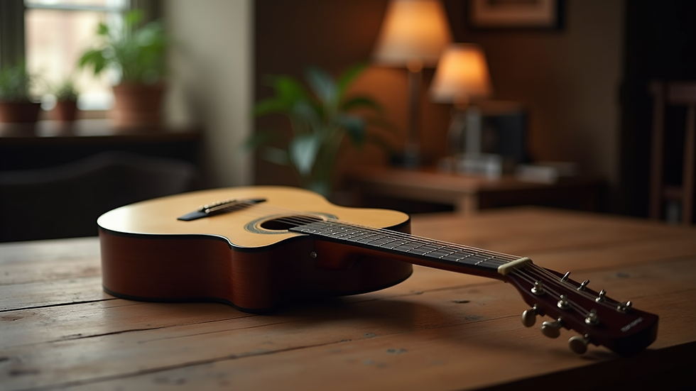 Eye-level view of acoustic guitar on wooden table in Edinburgh studio