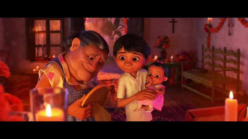 Miguel, his baby sister, and his grandmother remembering his great grandmother Coco at the end of the film