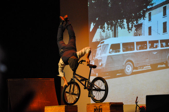 BMX bike acrobat on stage during the Peaky Bikers Theatre bike show.