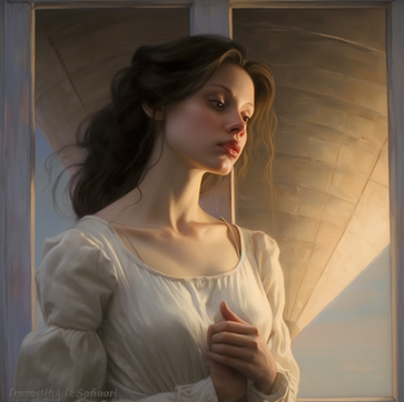 AI rendered image of a young lady longing for true romantic love. Created by Midjourney. Artificial intelligence. 