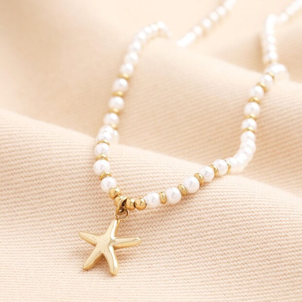 Stainless Steel Beaded Pearl Starfish Pendant Necklace in Gold