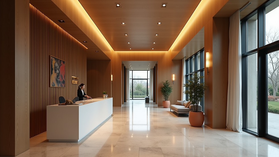 Eye-level view of a hotel lobby showcasing modern decor