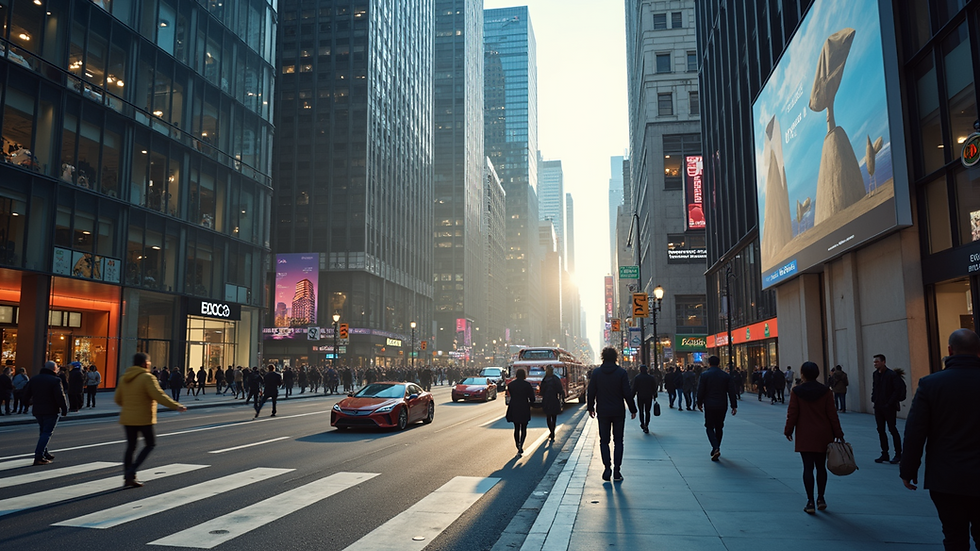 Wide angle view of a modern urban environment showcasing innovative advertising techniques
