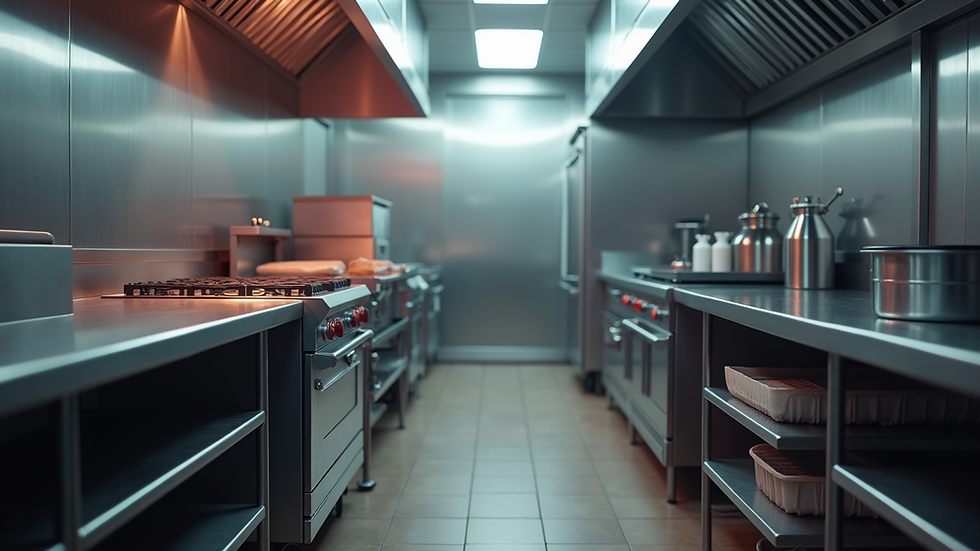 Eye-level view of a commercial kitchen with installed fire suppression system
