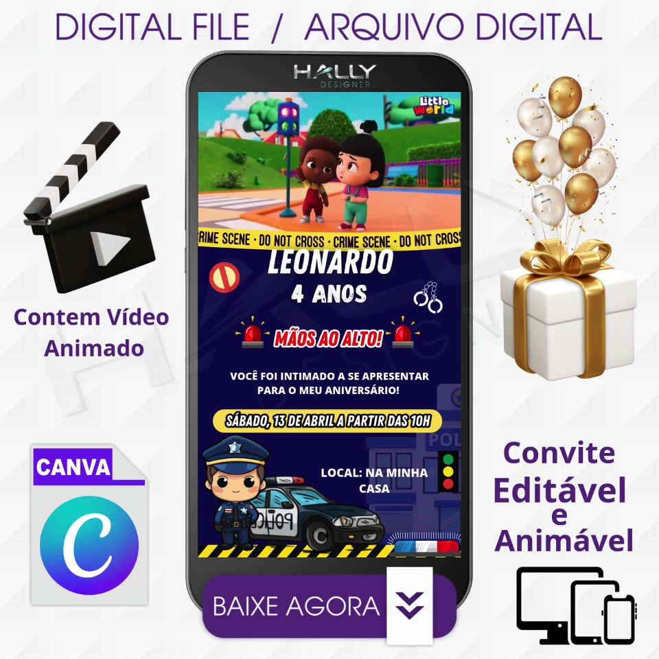 Convite Digital Animado Edite no Canva - Policia