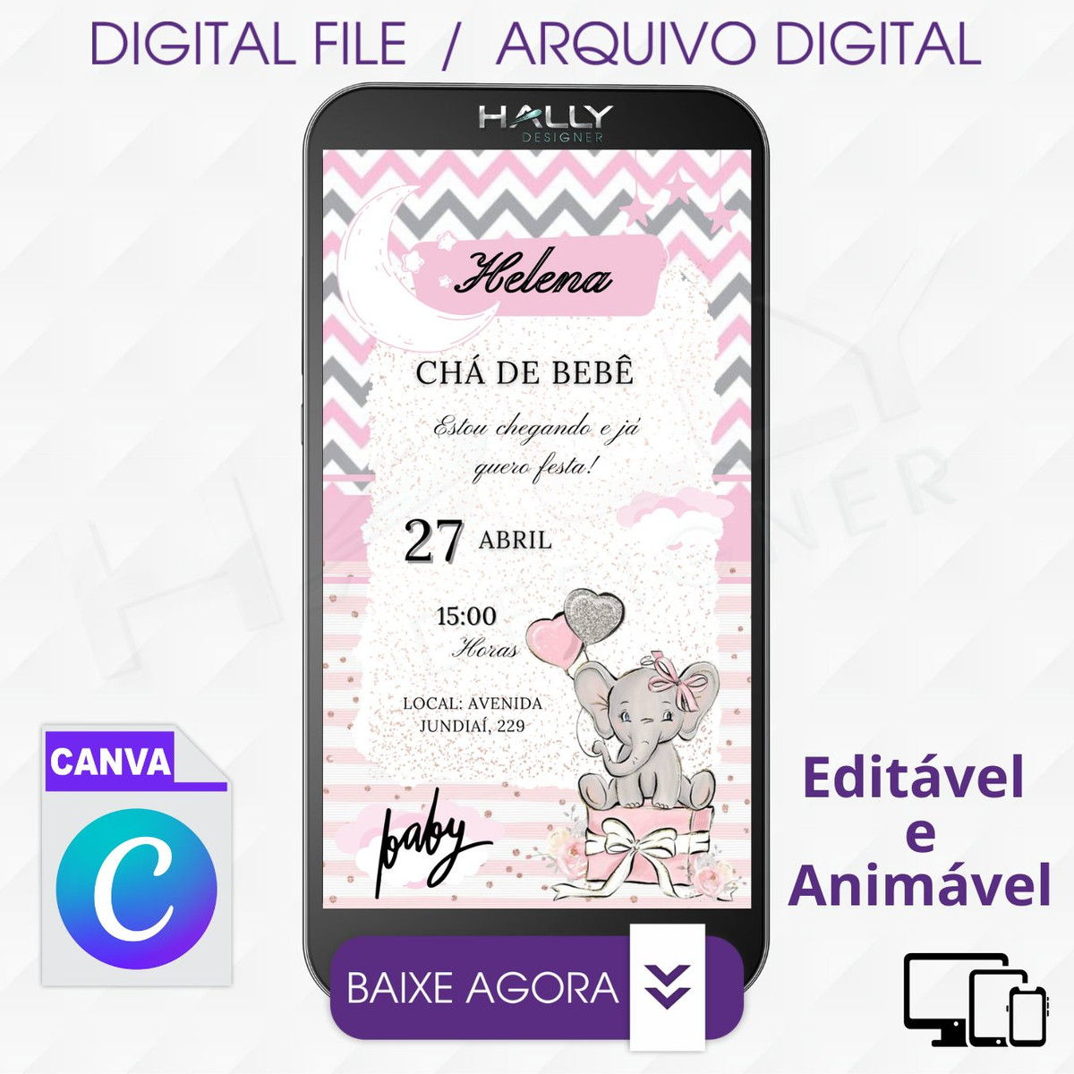 Convite Digital Editável no Canva - Balão Elefante Menina