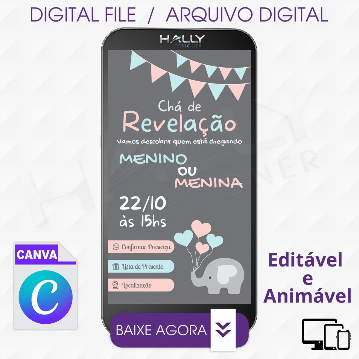 Convite Digital Editável no Canva - Chá Revelação