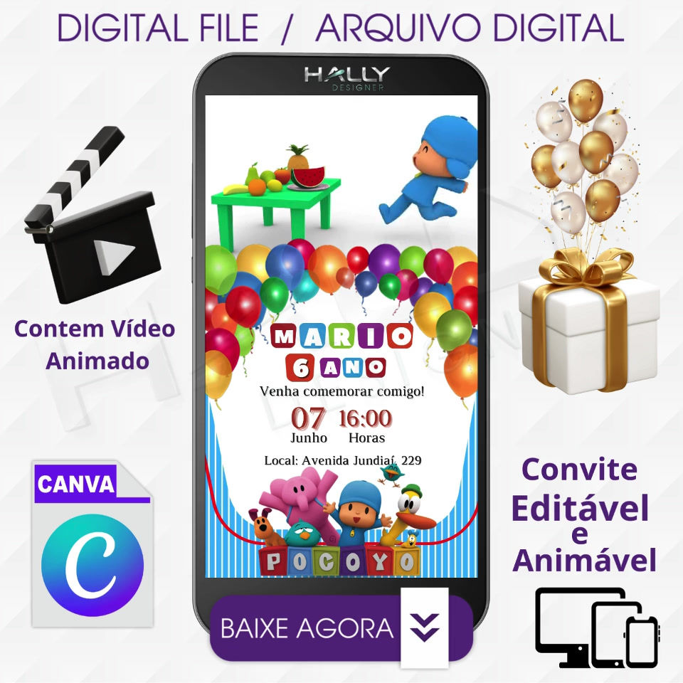 Convite Digital Animado Edite no Canva - Pocoyo