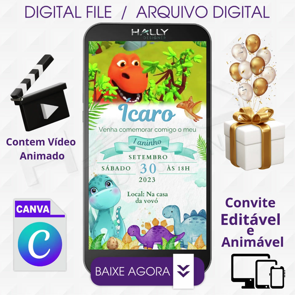 Convite Digital Animado Edite no Canva - Dino Baby
