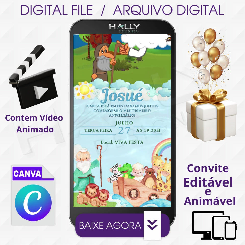 Convite Digital Animado Edite no Canva - Arca de Noé
