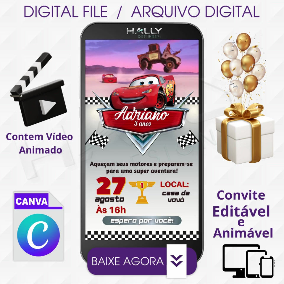 Convite Digital Animado Edite no Canva - Carros