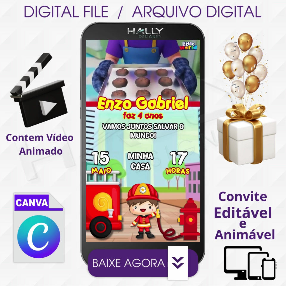 Convite Digital Animado Edite no Canva - Bombeiro