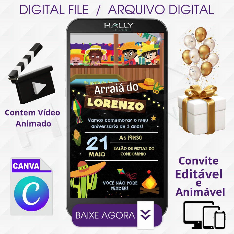 Convite Digital Animado Edite no Canva - Festa Junina