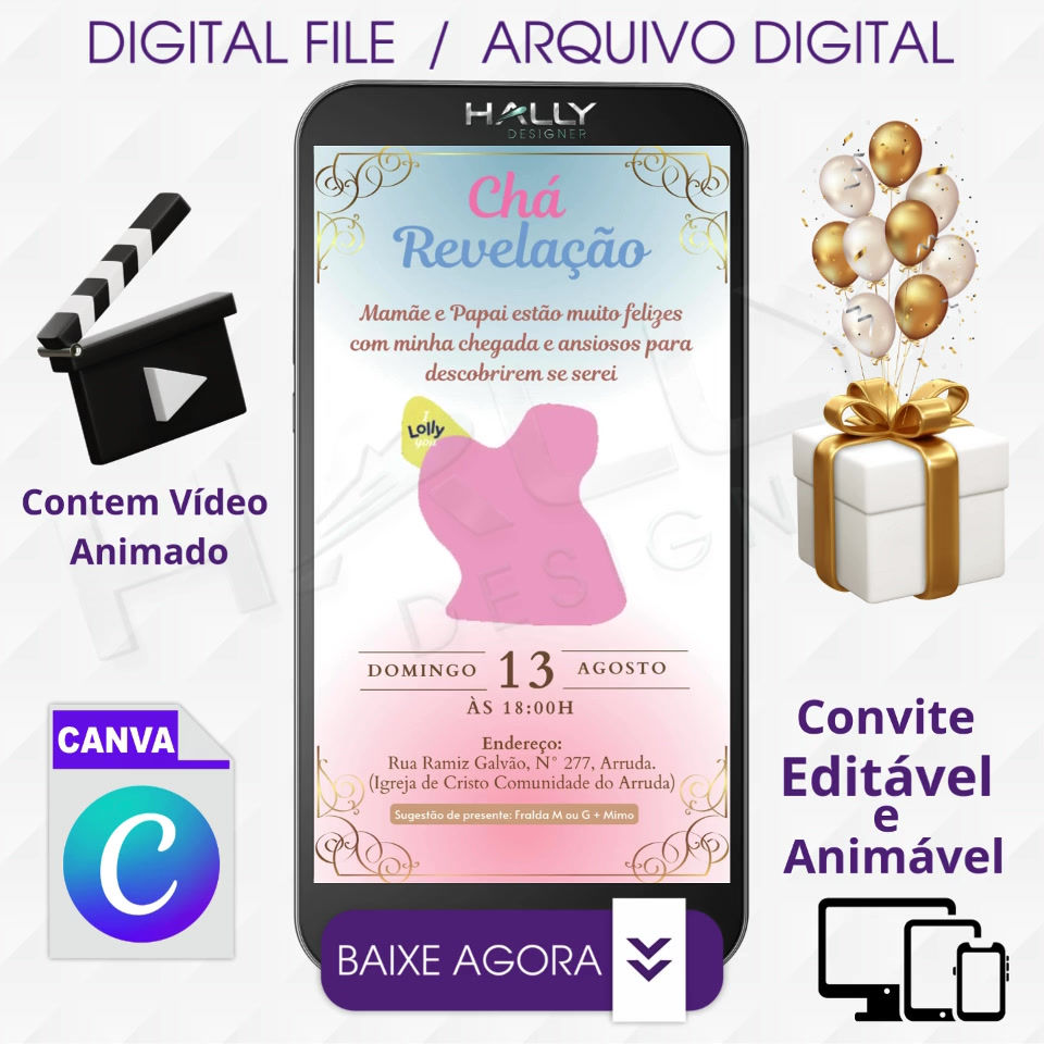 Convite Digital Animado Edite no Canva - Chá Revelação
