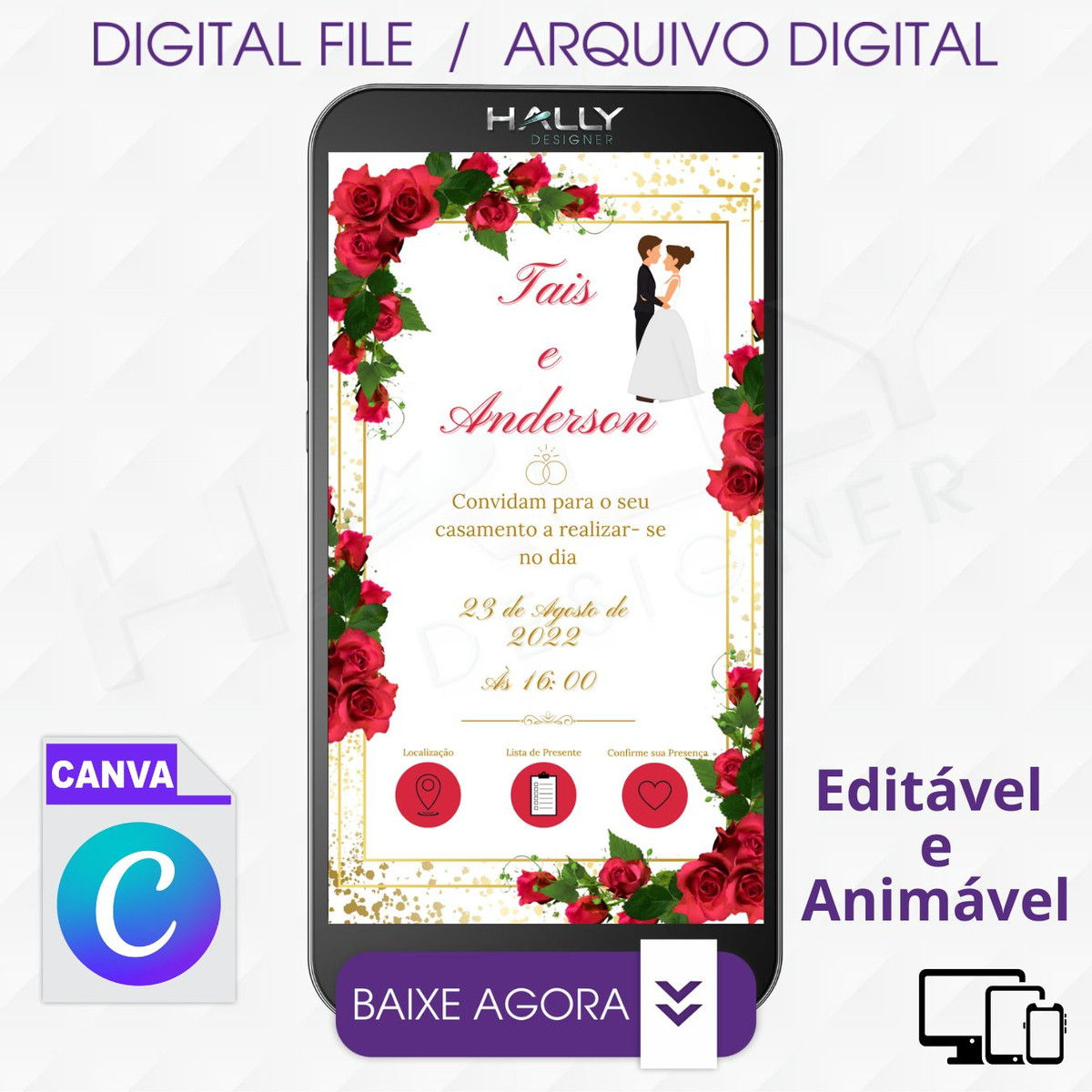 Convite Digital Editável no Canva- Casamento Rosas Vermelhas