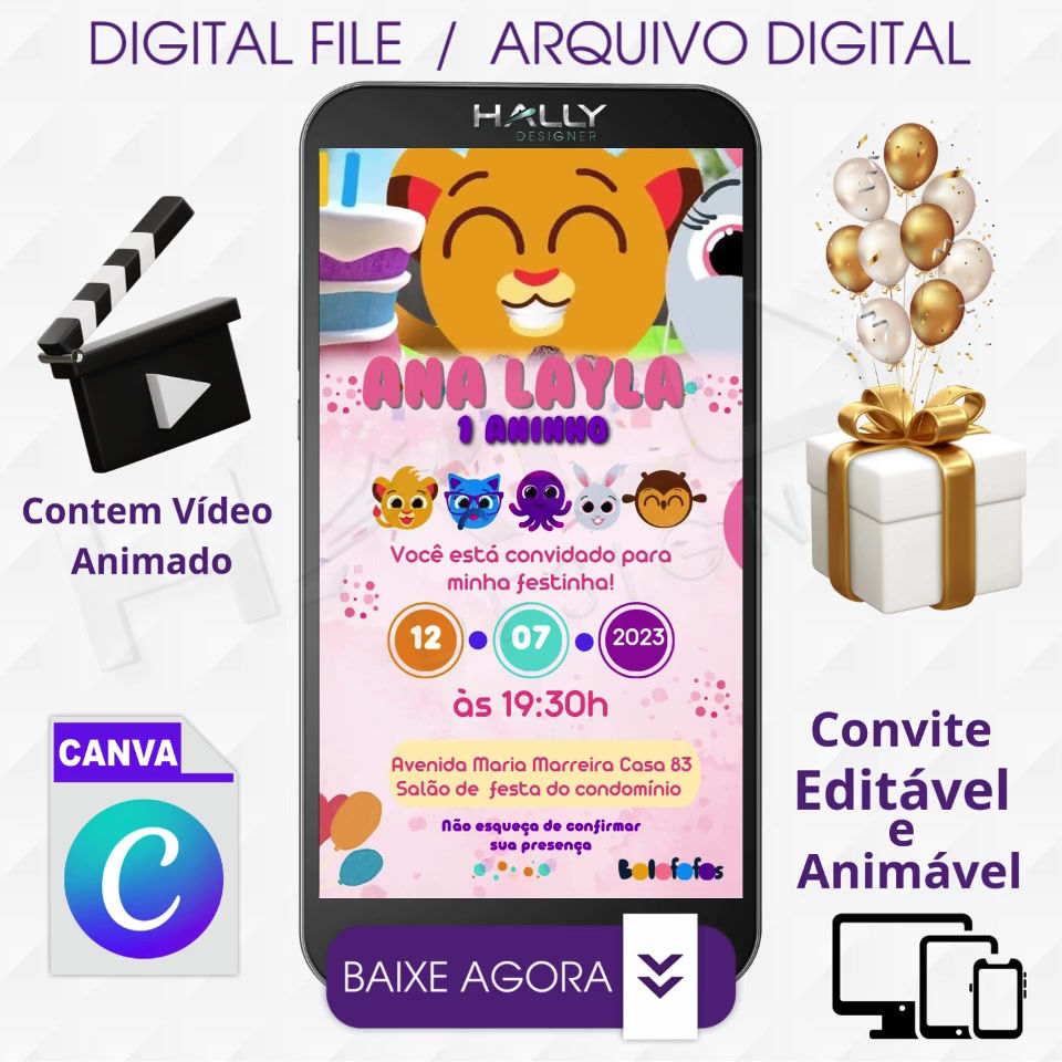 Convite Digital Animado Edite no Canva - Bolofofos Rosa