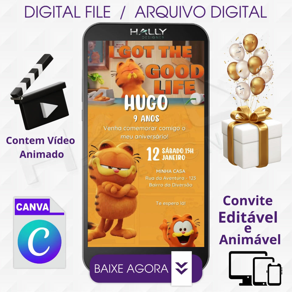 Convite Digital Animado Edite no Canva - Garfield