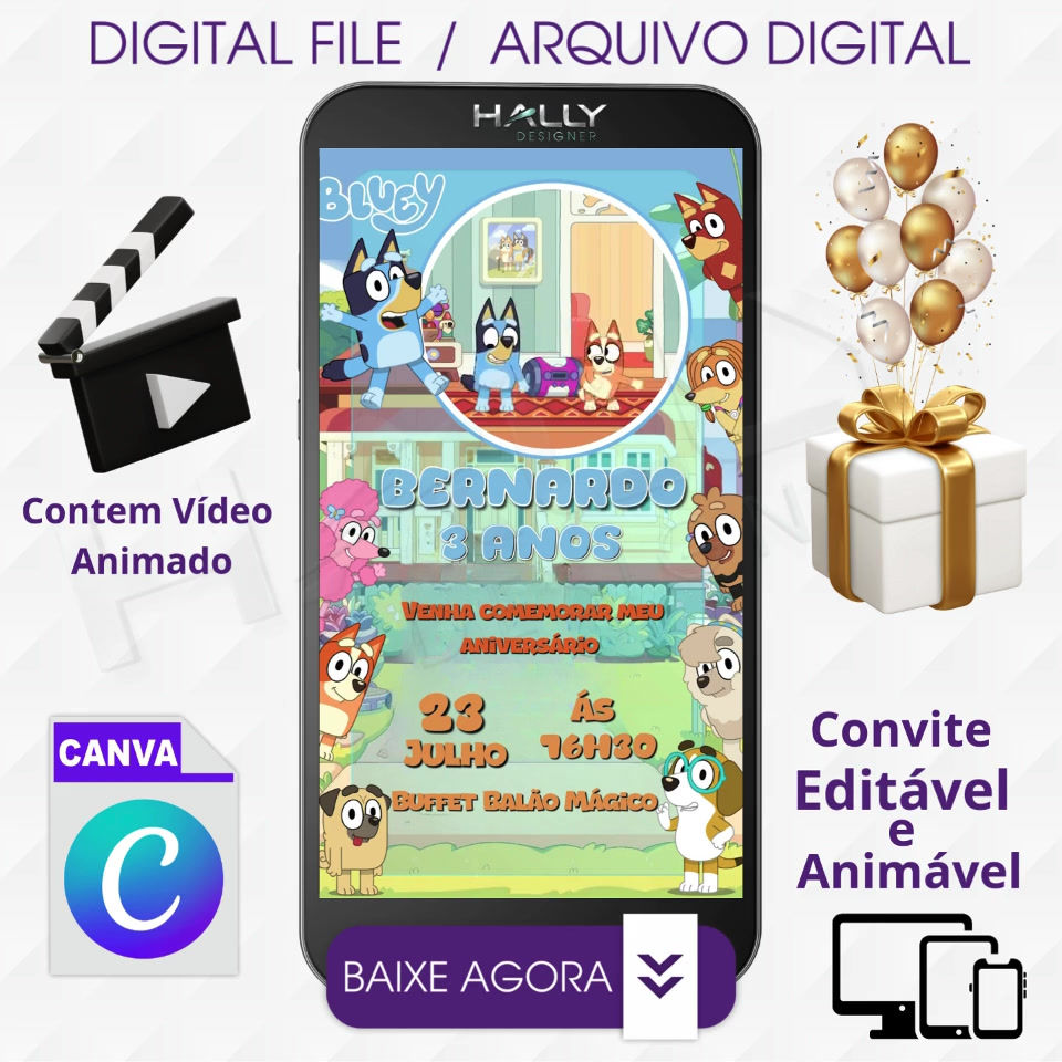 Convite Digital Animado Edite no Canva - Bluey Animado