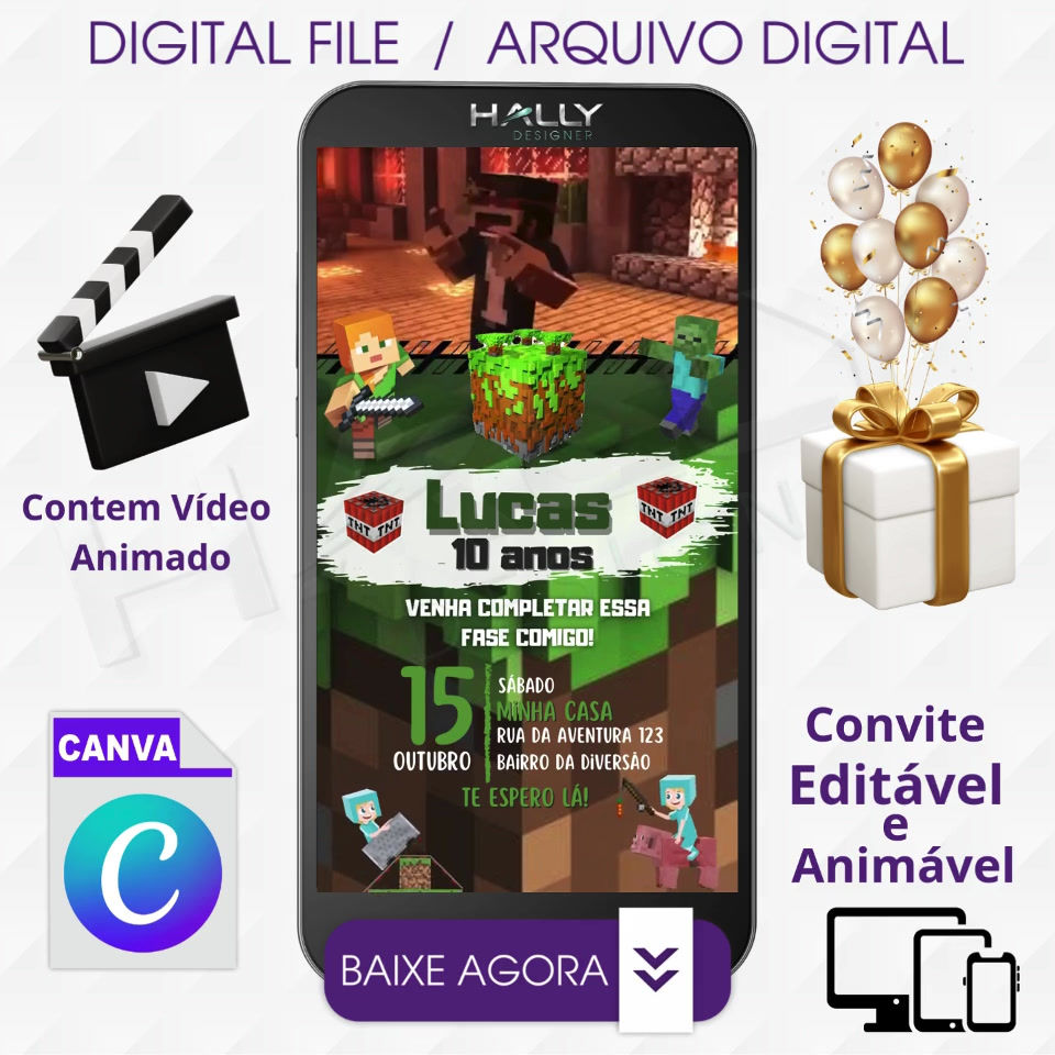Convite Digital Animado Edite no Canva - Minecraft