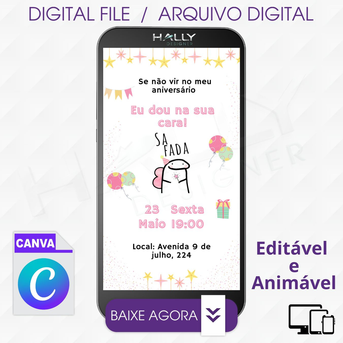 Convite Digital Editável em Canva - Meme do Bolo