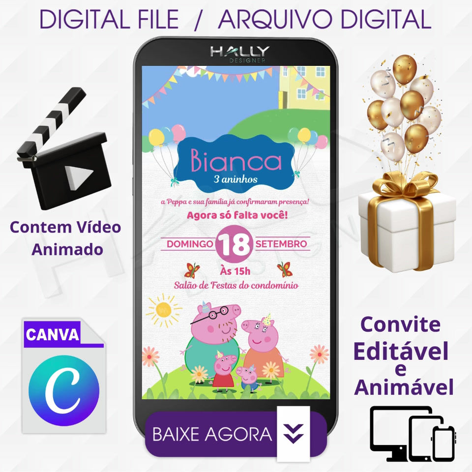 Convite Digital Animado Edite no Canva - Pepa Pig