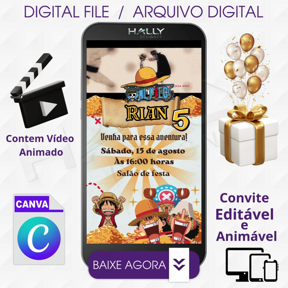 Convite Digital Animado Edite no Canva - One Piece