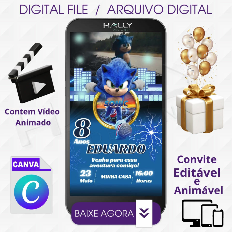 Convite Digital Animado Edite no Canva - Sonic