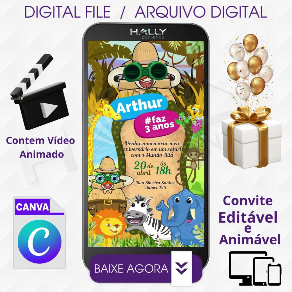 Convite Digital Animado Edite no Canva - Safari Mundo Bita